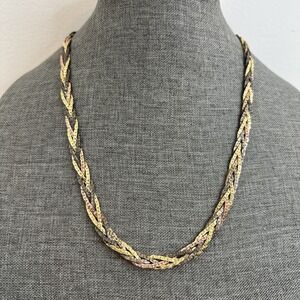 Vintage Necklace Signed Korea Goldtone Silvertone Braided Flat Chain 23"